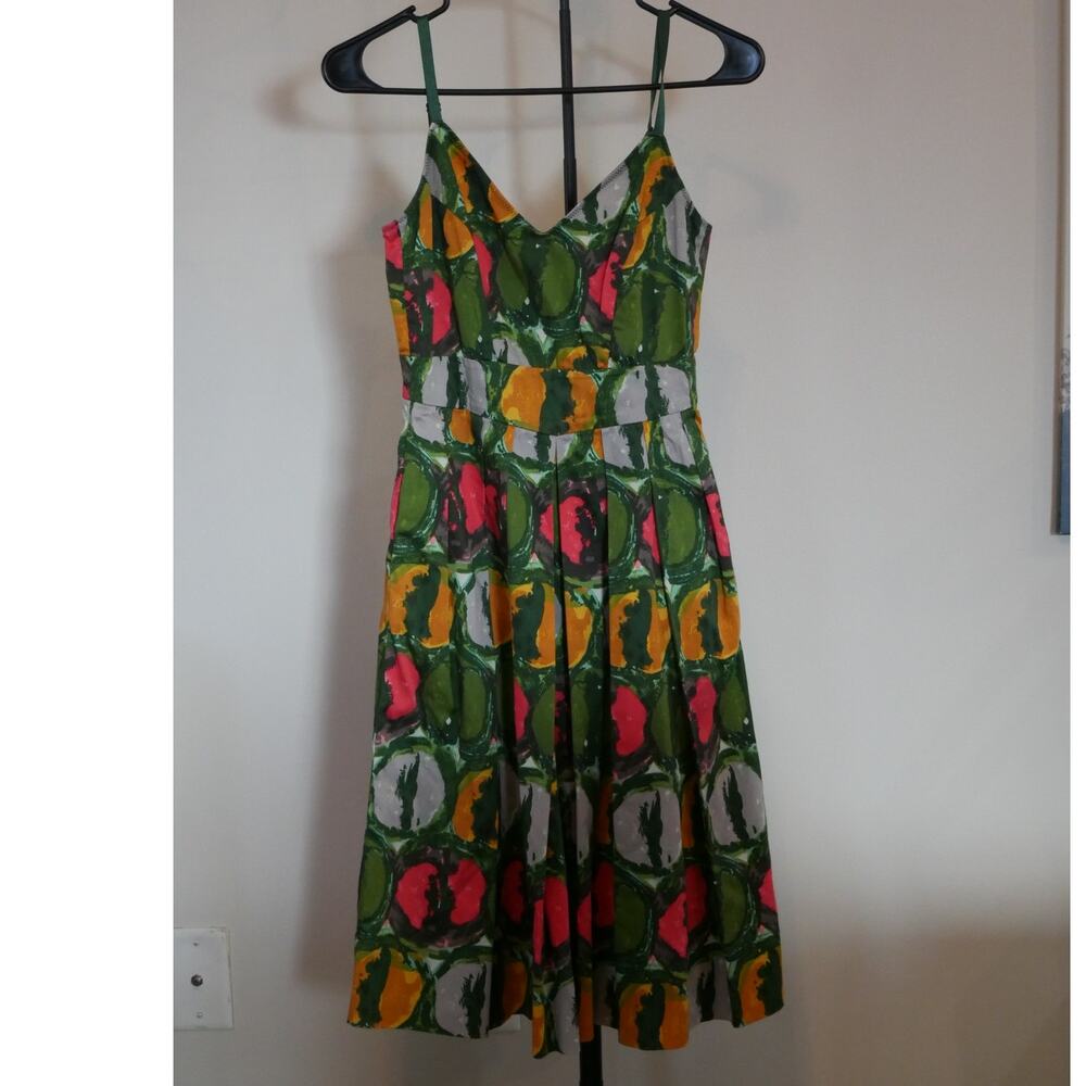 Vintage Abstract Circle Cotton Midi Dress Size 0 Green